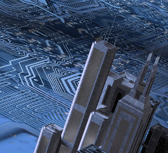 3D render of a city over a printed circuit image